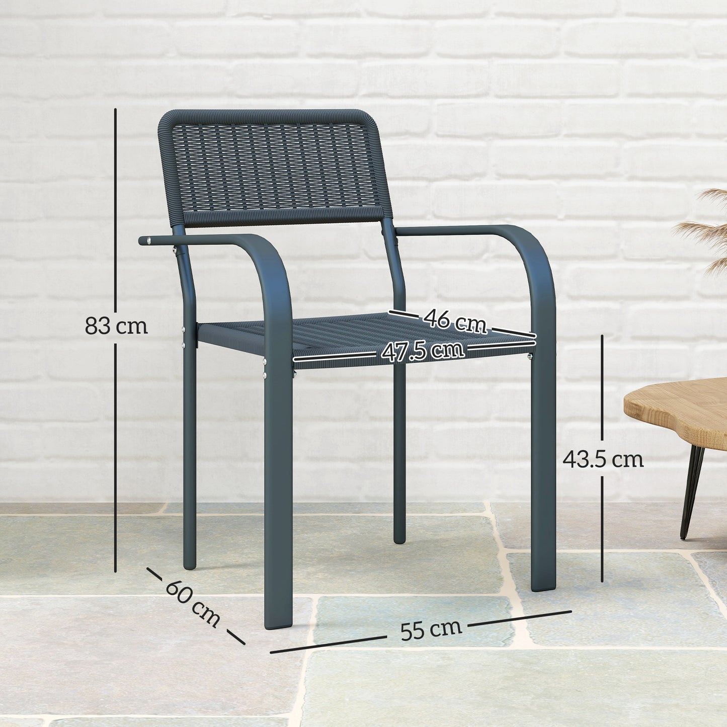 Garden Chairs Set of 4, Stackable & Rattan Effect, Dark Grey