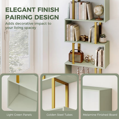 S-Shaped Bookshelf, 6-Tier Bookcase with Anti-Tip Strap, Light Green