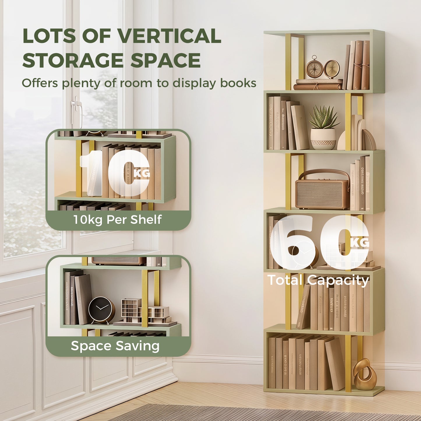 S-Shaped Bookshelf, 6-Tier Bookcase with Anti-Tip Strap, Light Green
