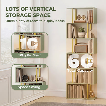 S-Shaped Bookshelf, 6-Tier Bookcase with Anti-Tip Strap, Light Green