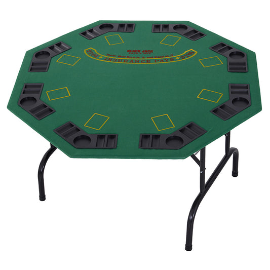 8 Player Folding Games Poker Table with Chip Cup Holder Steel Base Felt Top Octagon Blackjack Green