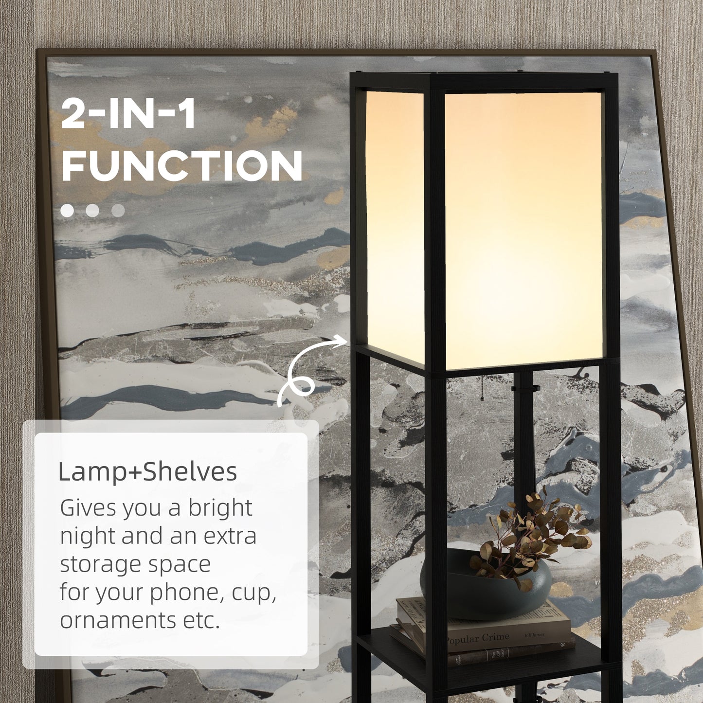 Modern Shelf Floor Lamp with Dual Ambient Light, Standing Lamp Living Room, Bedroom, 156cm, Black