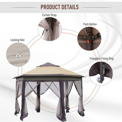Outsunny Hexagon Patio Gazebo Pop Up Gazebo Outdoor Double Roof Instant Shelter with Netting, 4m x 4m, Beige