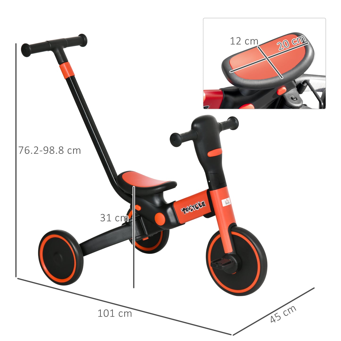 4-in-1 Tricycle for Kids, Baby Trike with Adjustable Push Handle, Detachable Foot Rest for 18-60 Months, Red