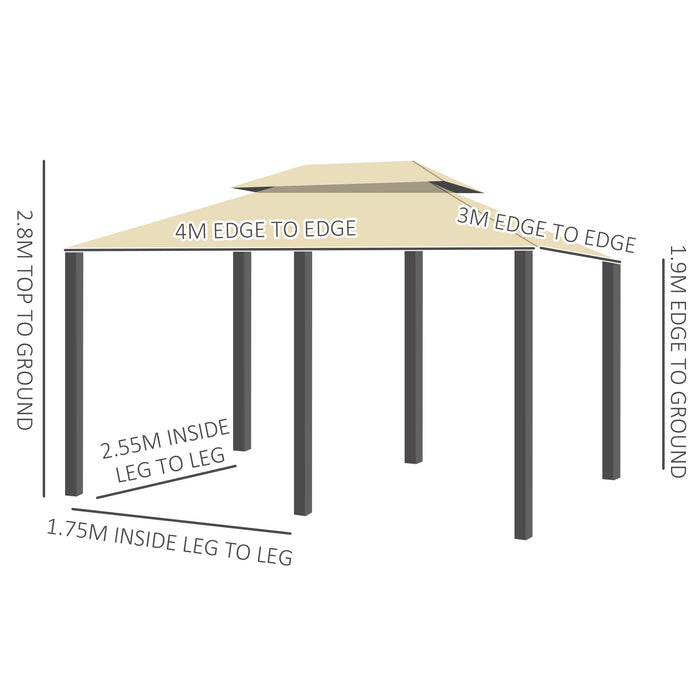 4 x 3(m) Outdoor Gazebo Canopy Party Tent Garden Pavilion Patio Shelter w/ LED Solar Light, Double Tier Roof, Curtains, Steel Frame, Khaki