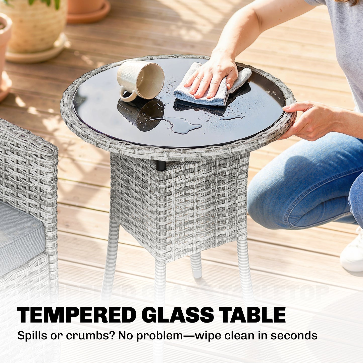 Rattan Bistro Set, Reclining Garden Chairs and Table, Light Grey