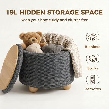 Storage Ottoman, Burlap Fabric Round Small Ottoman Foot Rest with Lid, Rubberwood Legs, End of Bed Bench Footstool for Bedroom, Hallway, Living Room, 38.5 x 38.5 cm, Dark Grey