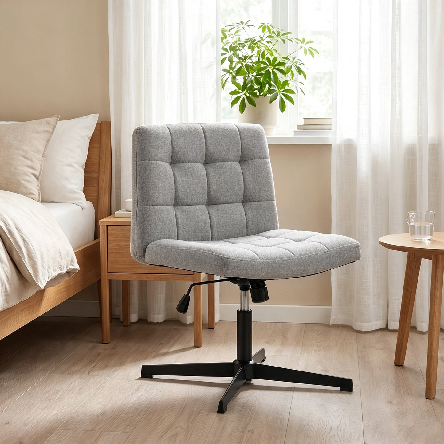 Armless Office Chair, Cross Legged Vanity Chair with Wide Seat, Grey