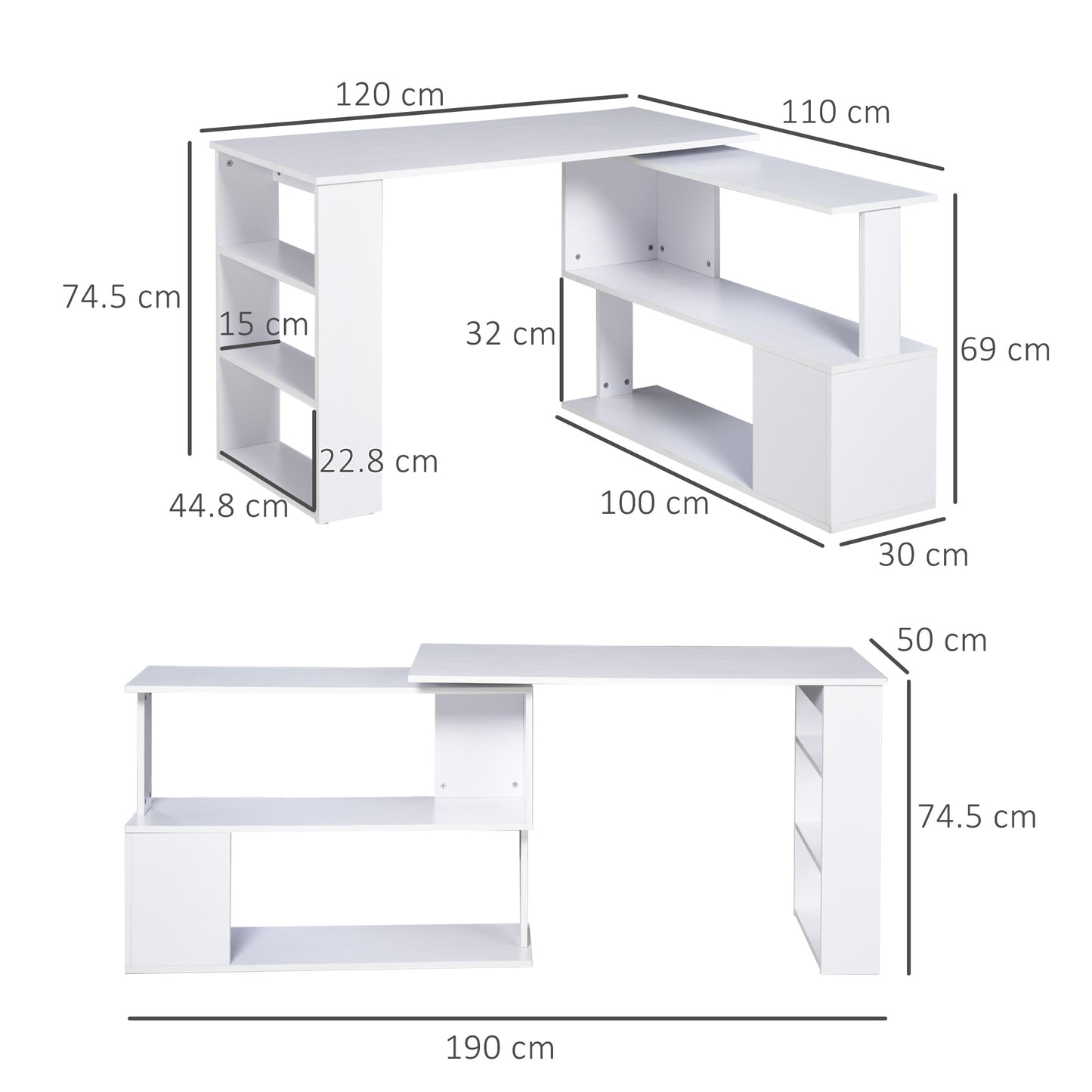 Corner Computer Desk with 360° Rotating Design and Bookshelf, White