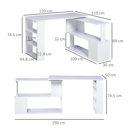 Corner Computer Desk with 360° Rotating Design and Bookshelf, White