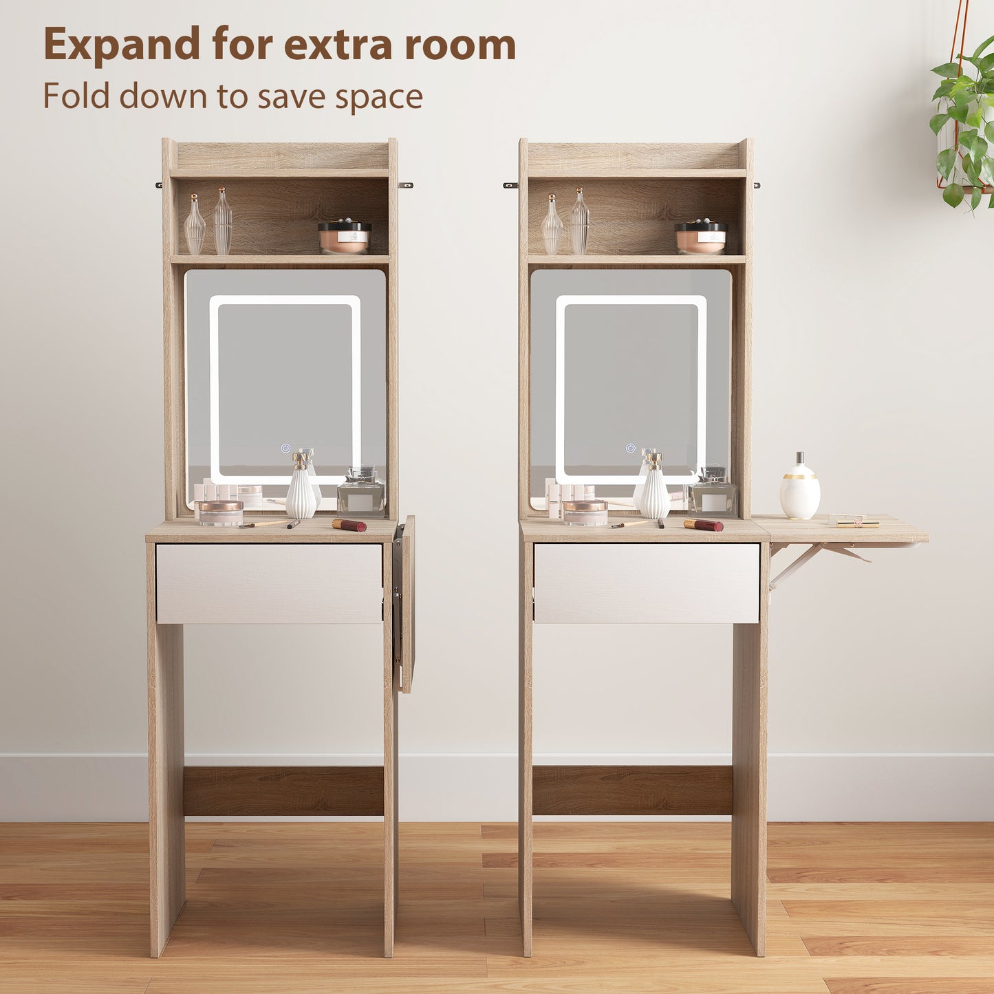 Compact Dressing Table with Lighted Mirror Open Shelves Natural Wood