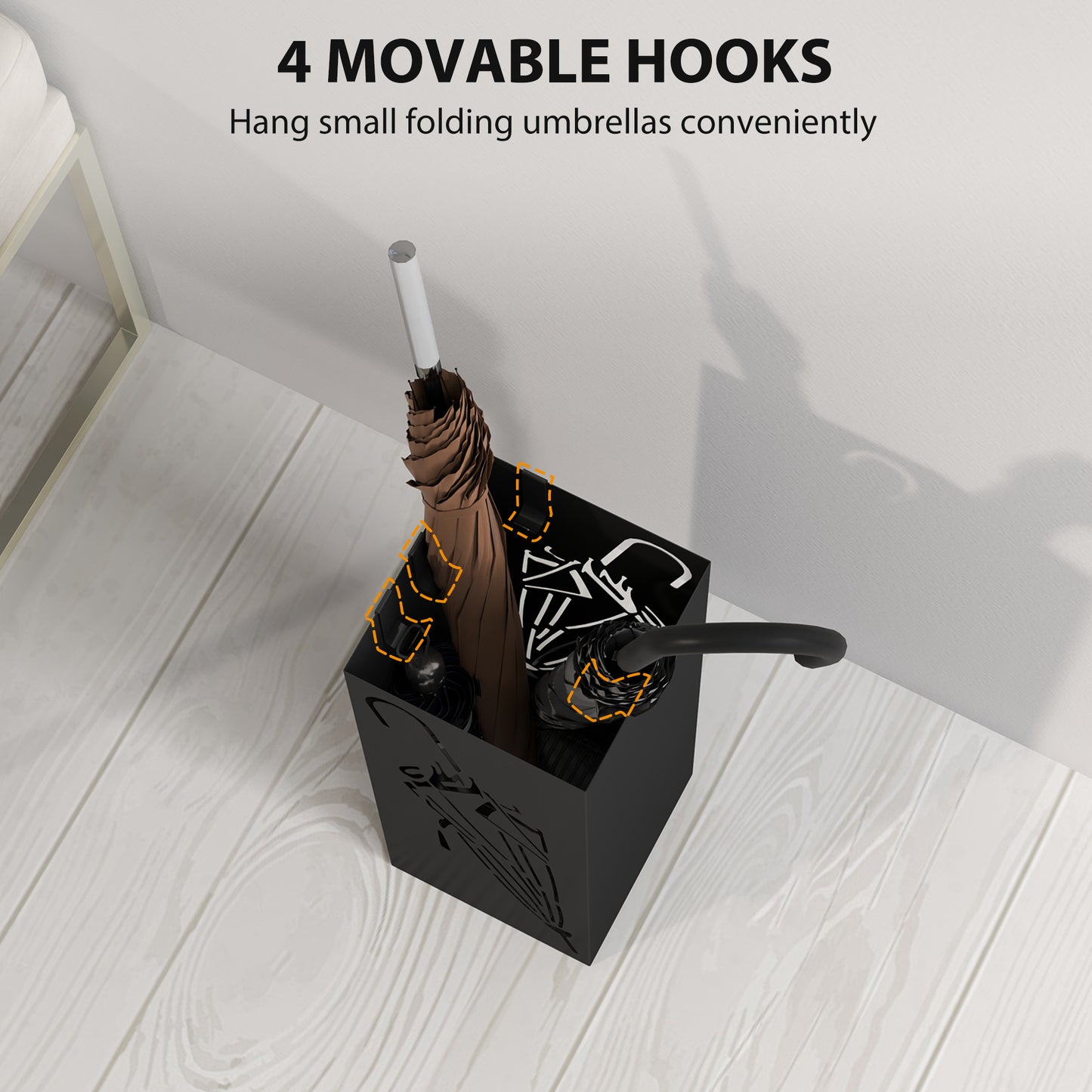 Square Umbrella Holder with Hooks and Water Tray for Entryway Black
