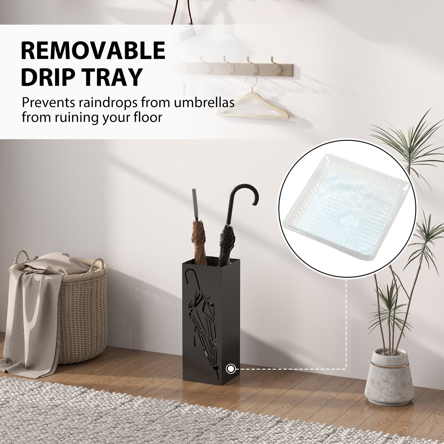 Square Umbrella Holder with Hooks and Water Tray for Entryway Black