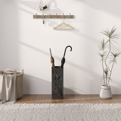 Square Umbrella Holder with Hooks and Water Tray for Entryway Black