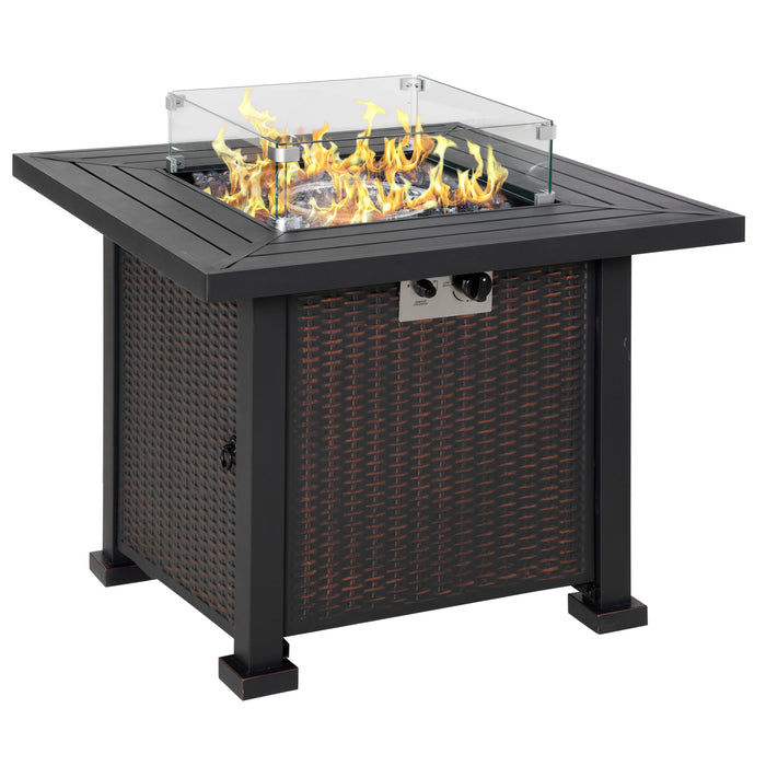 Square Propane Gas Fire Pit Table, 50000 BTU Rattan Smokeless Firepit Patio Heater w/ Glass Screen, Beads and Lid, 82cm x 82cm x 66cm, Black