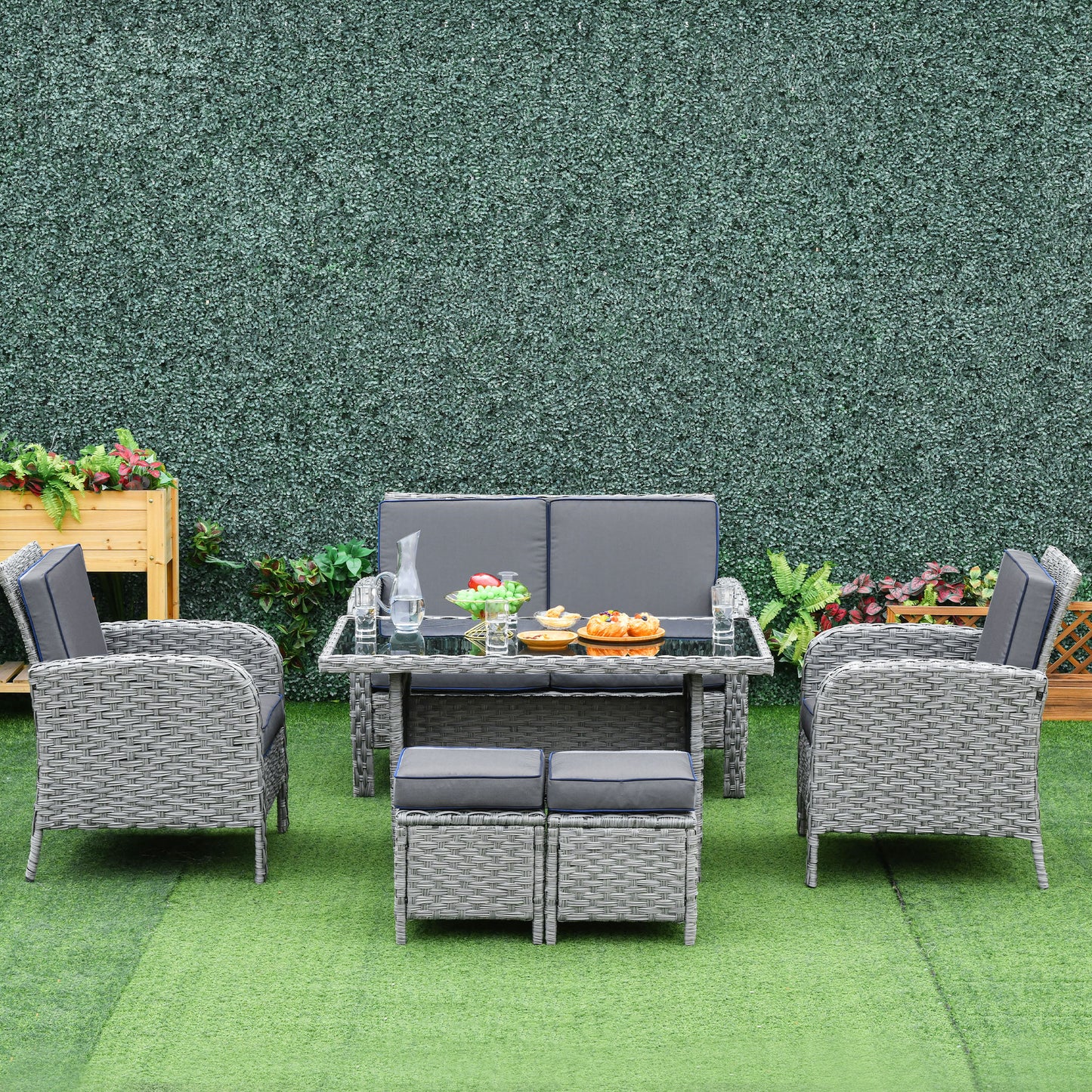 6 PCS All Weather PE Rattan Dining Table Furniture Set w/ Cushions