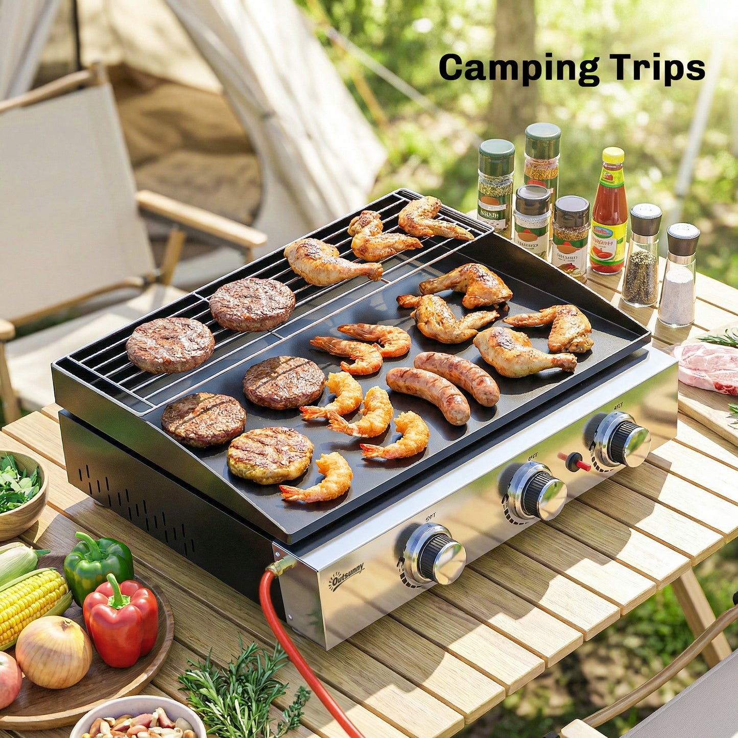 3 Burner Grill Griddle, Tabletop Gas BBQ with Grease Cup, Black