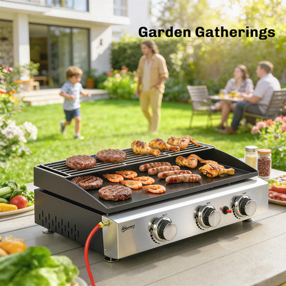 3 Burner Grill Griddle, Tabletop Gas BBQ with Grease Cup, Black