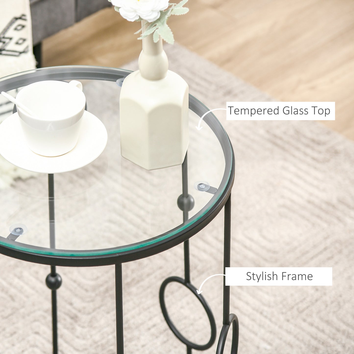 Set of 2 Nesting Coffee Table, Side Tables with Glass Top, Black