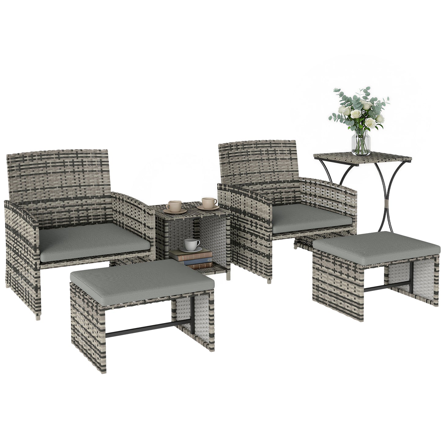 6 Piece Rattan Garden Furniture Set with Nesting Tables, Grey