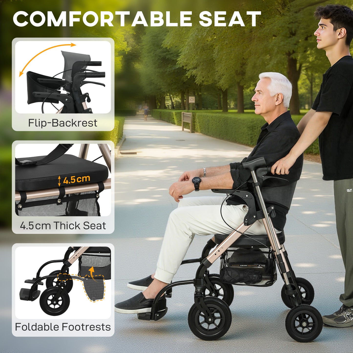 2-in-1 Mobility Walker with Seat, Foldable Rollator with Footrests