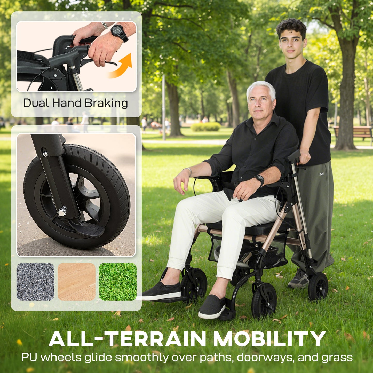 2-in-1 Mobility Walker with Seat, Foldable Rollator with Footrests