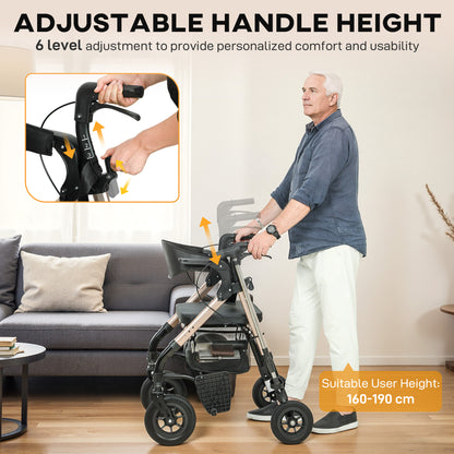 2-in-1 Mobility Walker with Seat, Foldable Rollator with Footrests