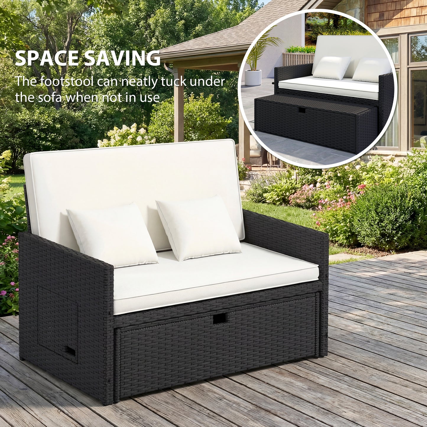 Garden Rattan Furniture Set 2 Seater Patio Sun Lounger Daybed Cream