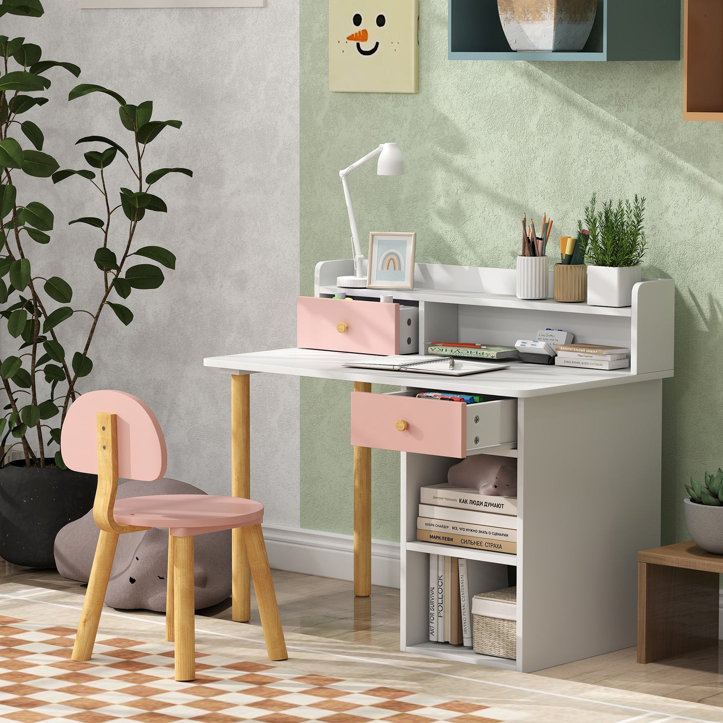 Kids Desk and Chair Set for Studying, Reading and Drawing - Pink