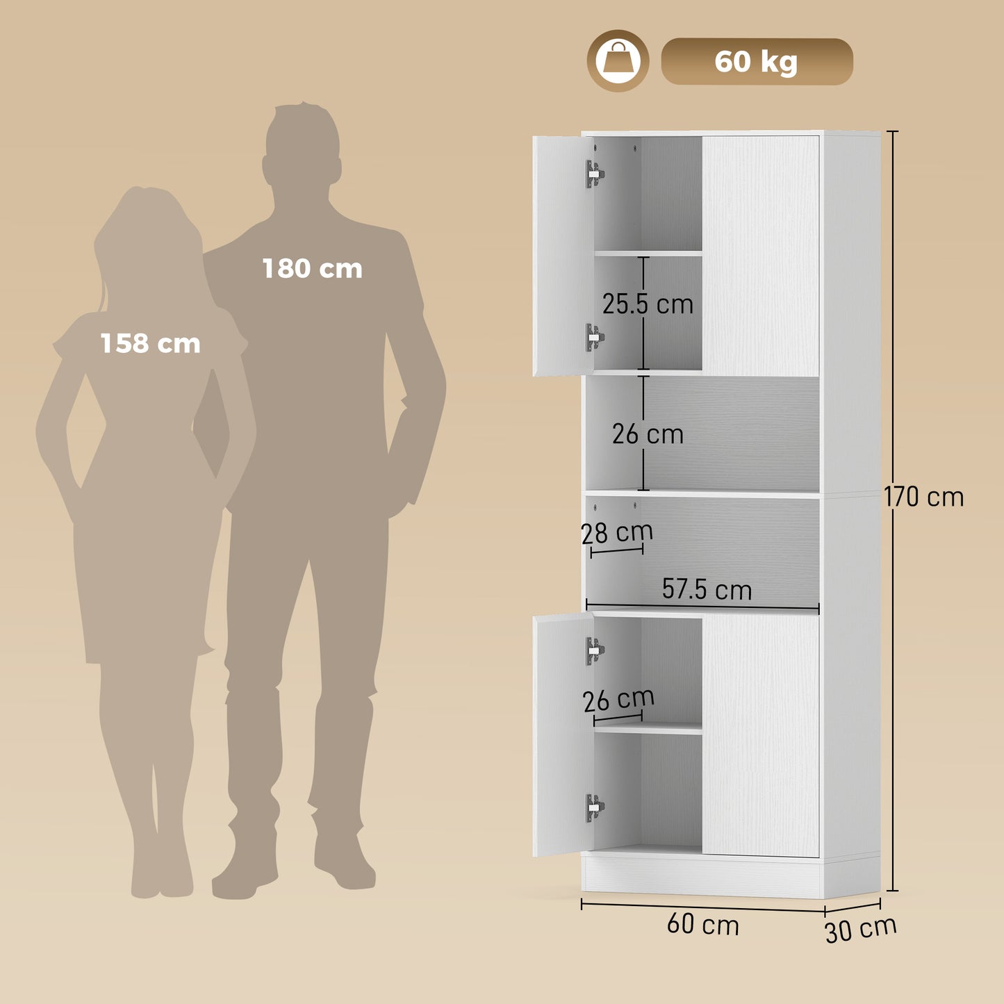170cm Kitchen Pantry Cabinet with Soft-Close Hinges, White Wood Effect