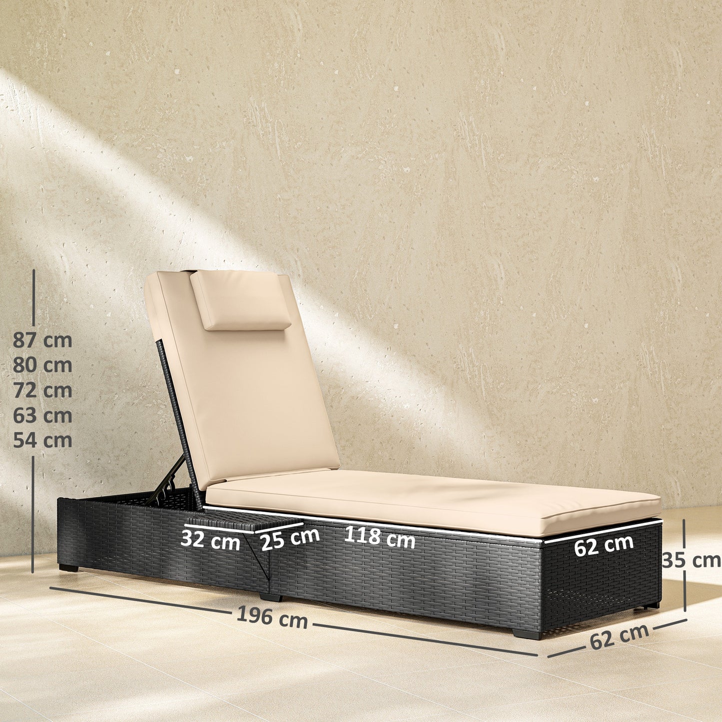 Rattan Sun Lounger, Garden Recliner w/ 5-Level Back, Cushion, Black