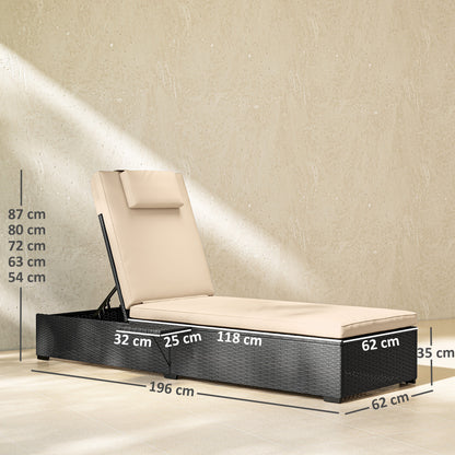 Rattan Sun Lounger, Garden Recliner w/ 5-Level Back, Cushion, Black