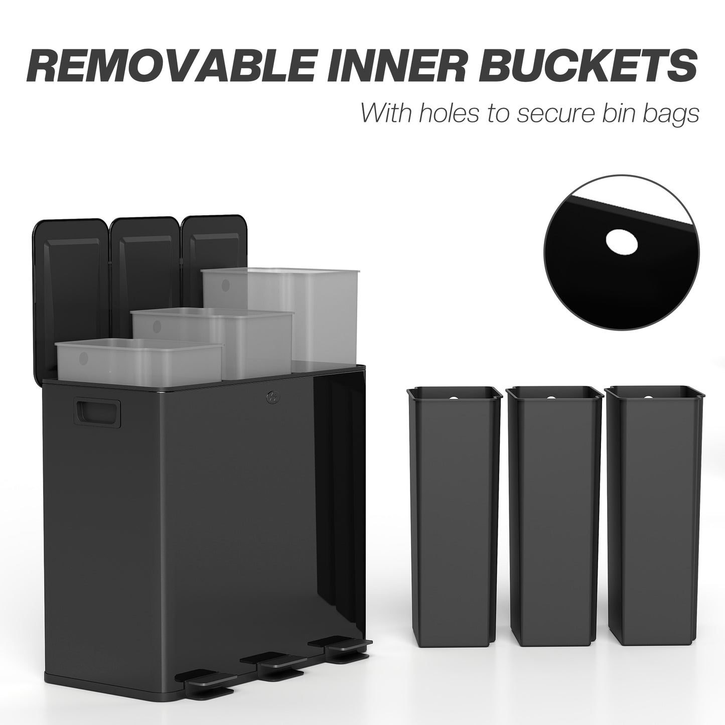 3 x 20L Triple Kitchen Bin Pedal Bin for Recycling and Waste, Black