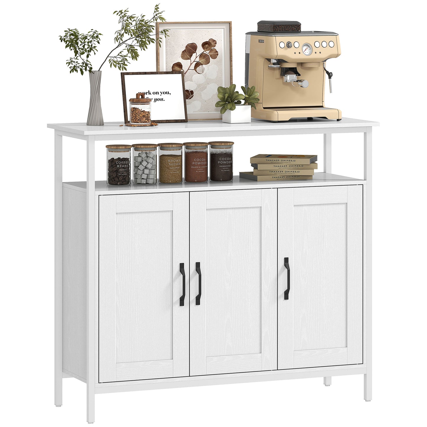 Industrial Kitchen Sideboard with Open Shelf & 2 Cabinets, White