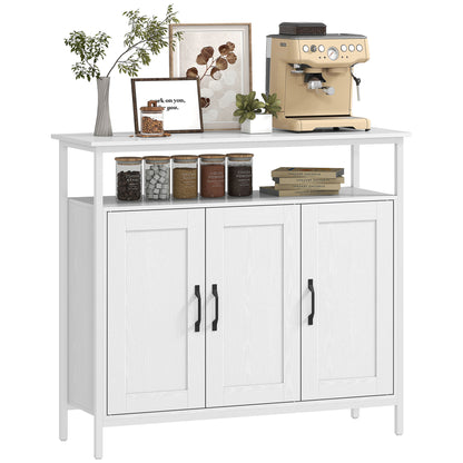 Industrial Kitchen Sideboard with Open Shelf & 2 Cabinets, White
