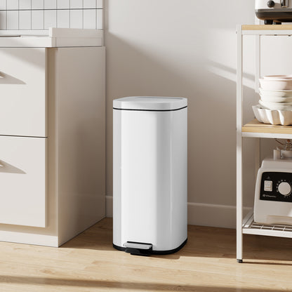 30L Kitchen Bin, Pedal Bin with Lid, Removable Inner Bucket, White