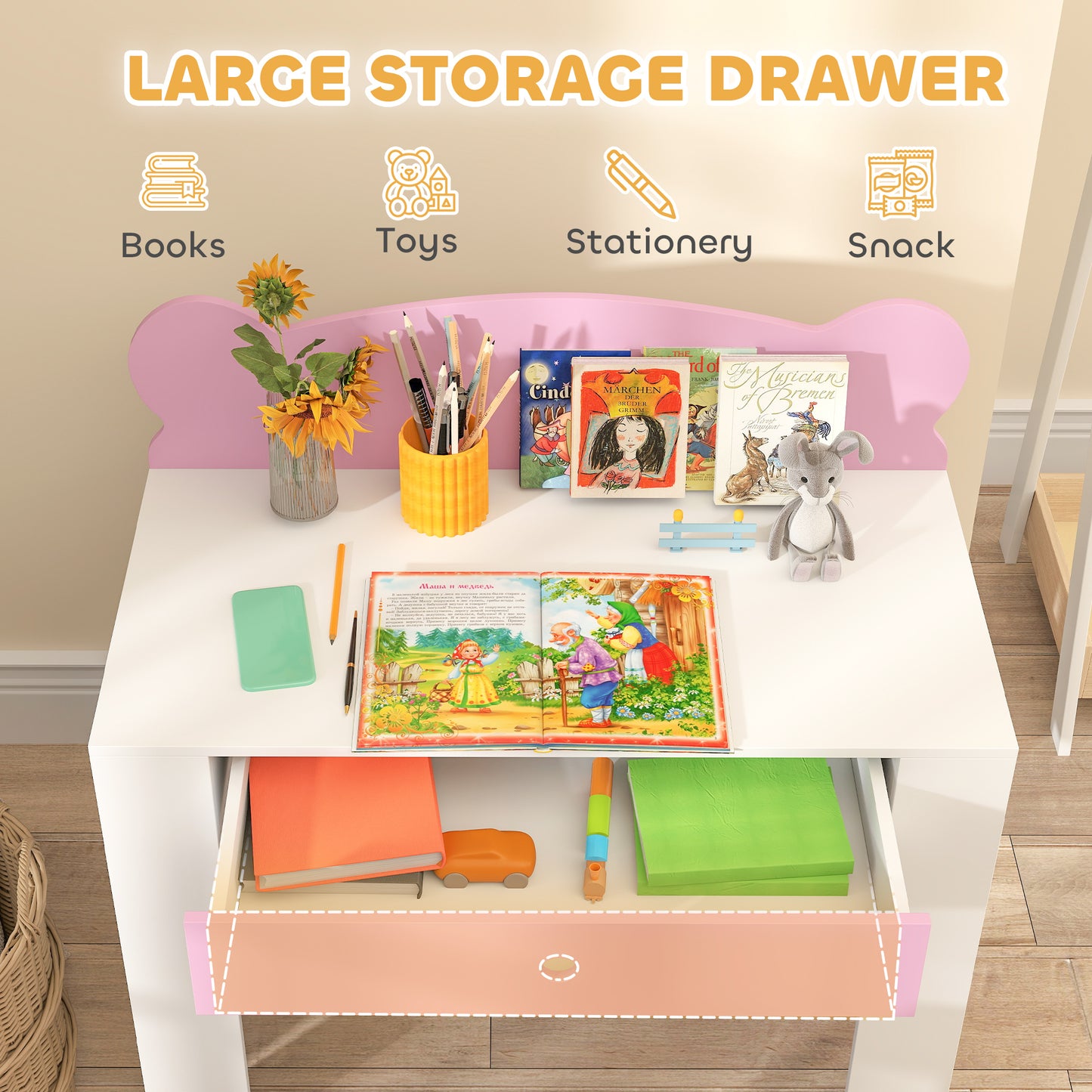 Kids Desk and Chair Set, Children Writing Table with Drawer, Pink