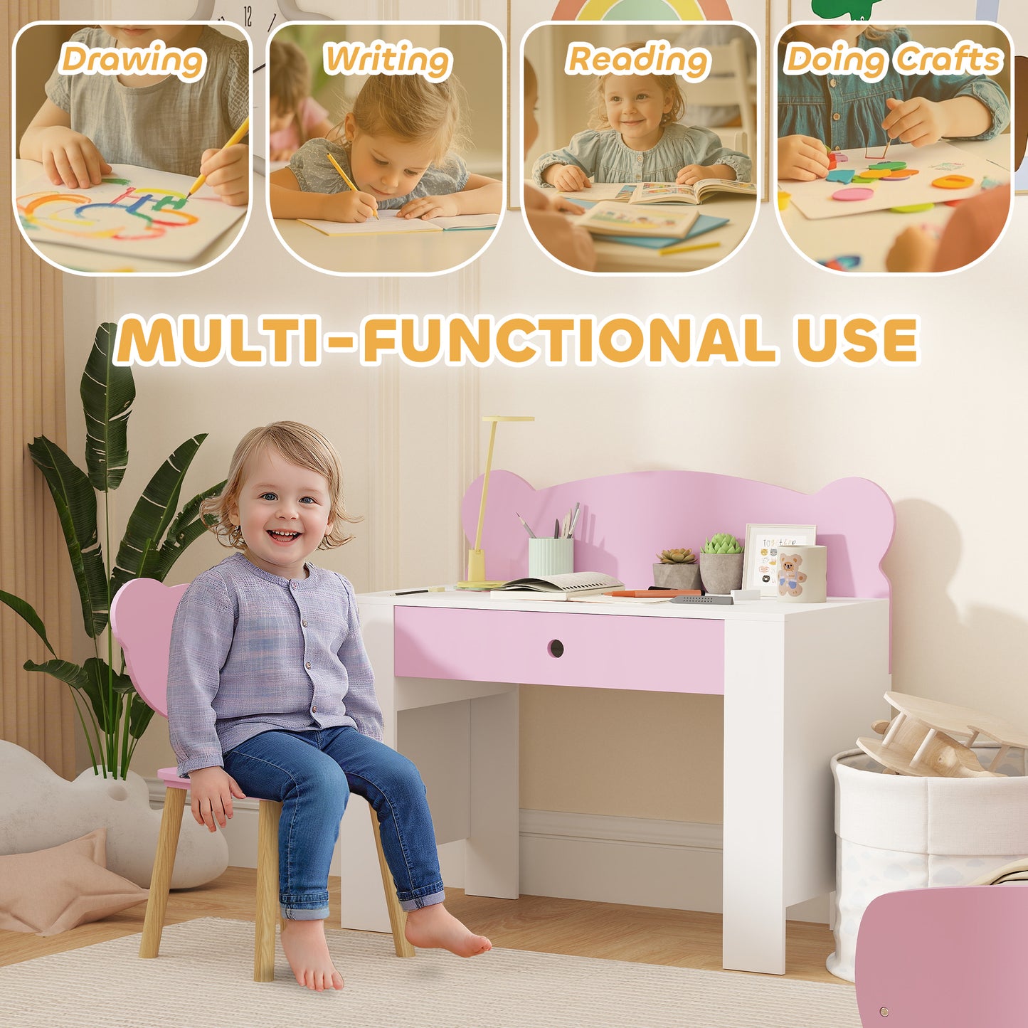 Kids Desk and Chair Set, Children Writing Table with Drawer, Pink