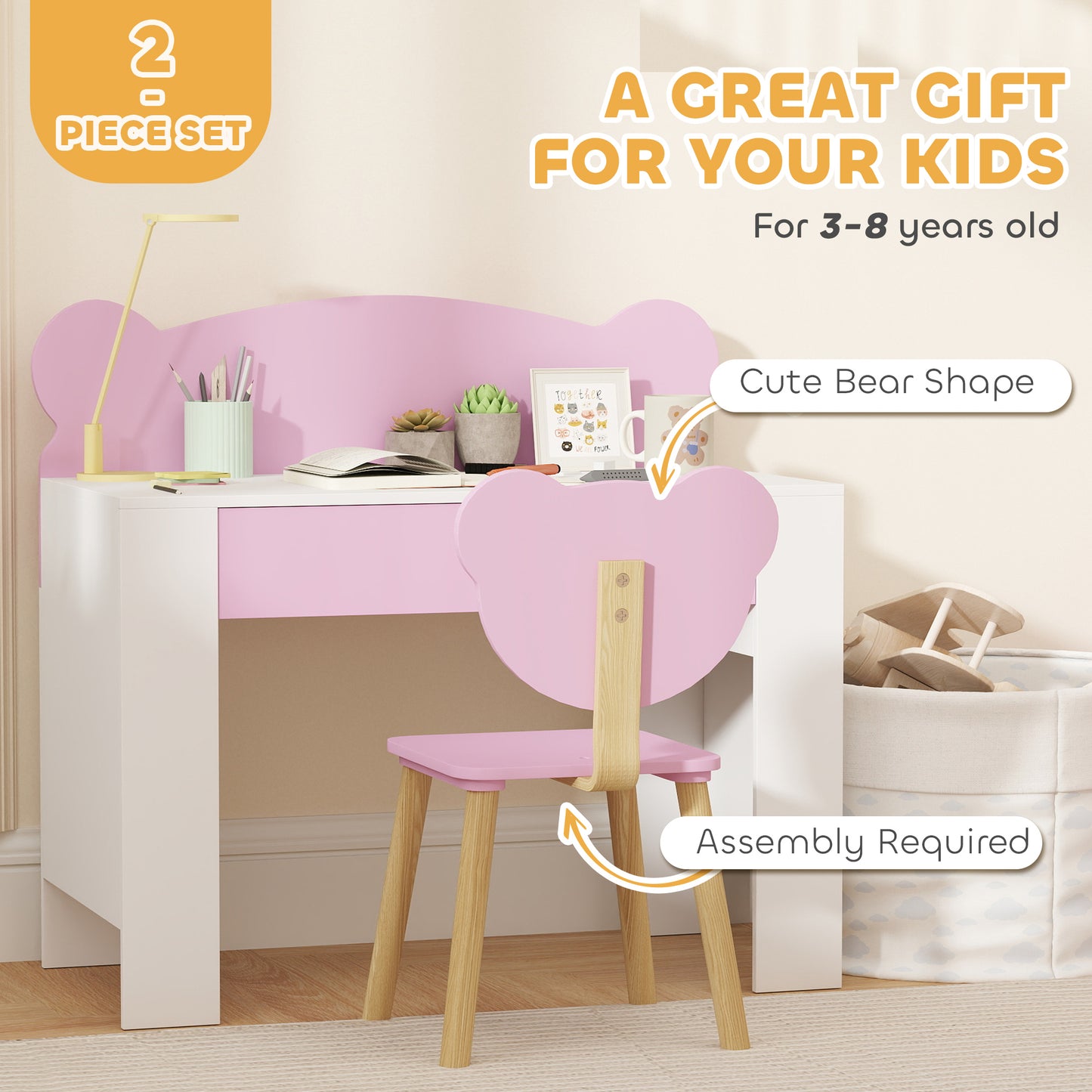 Kids Desk and Chair Set, Children Writing Table with Drawer, Pink