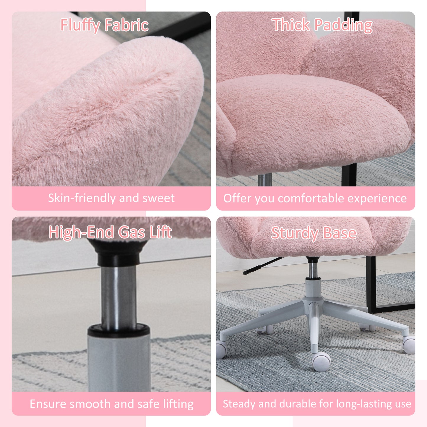 Fluffy Leisure Chair Office Chair with Backrest Armrest Wheels Pink