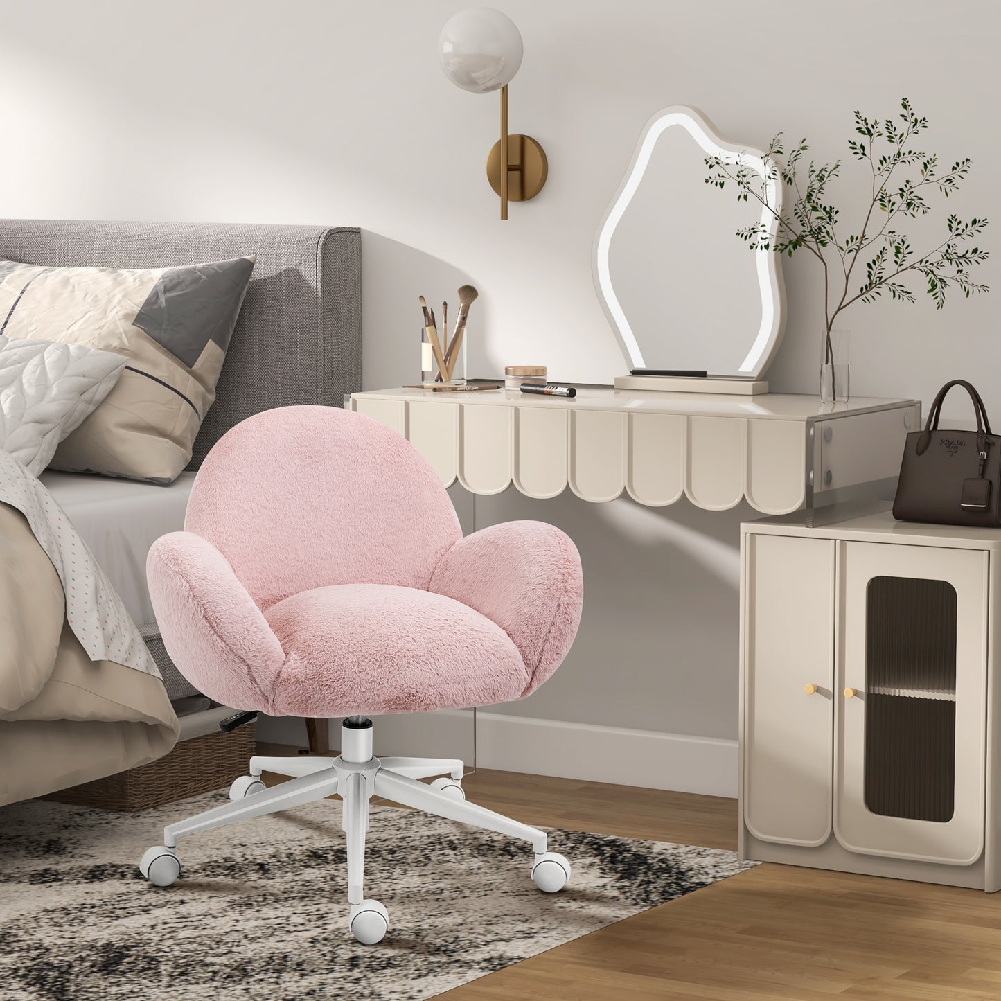 Fluffy Leisure Chair Office Chair with Backrest Armrest Wheels Pink