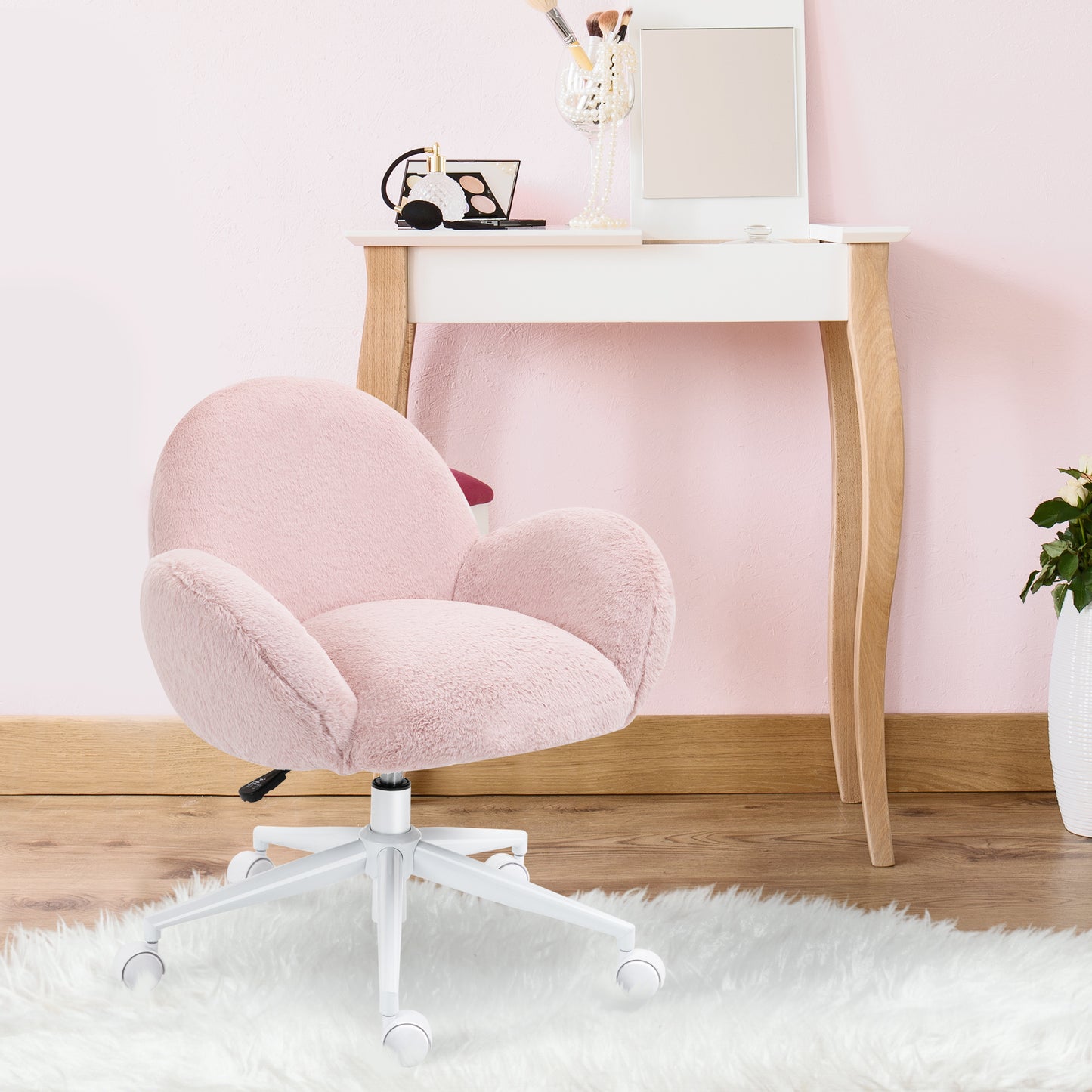 Fluffy Leisure Chair Office Chair with Backrest Armrest Wheels Pink