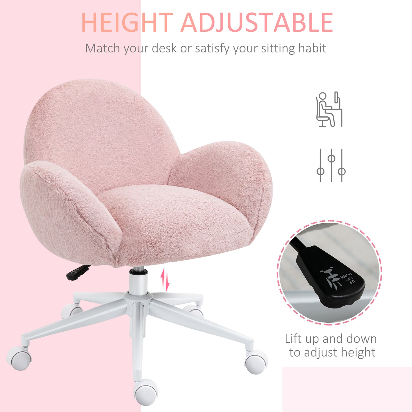 Fluffy Leisure Chair Office Chair with Backrest Armrest Wheels Pink
