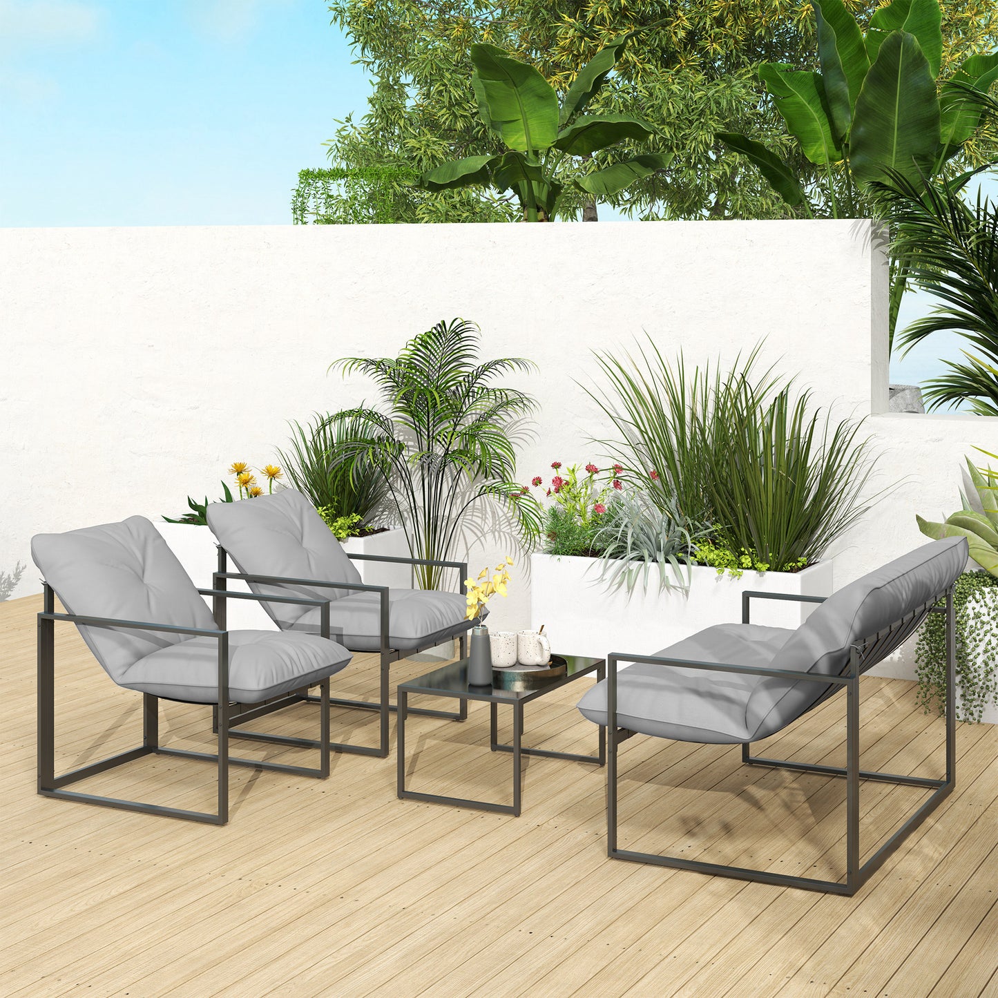 4 PCs Garden Sofa Set with 2 Armchairs Loveseat Coffee Table