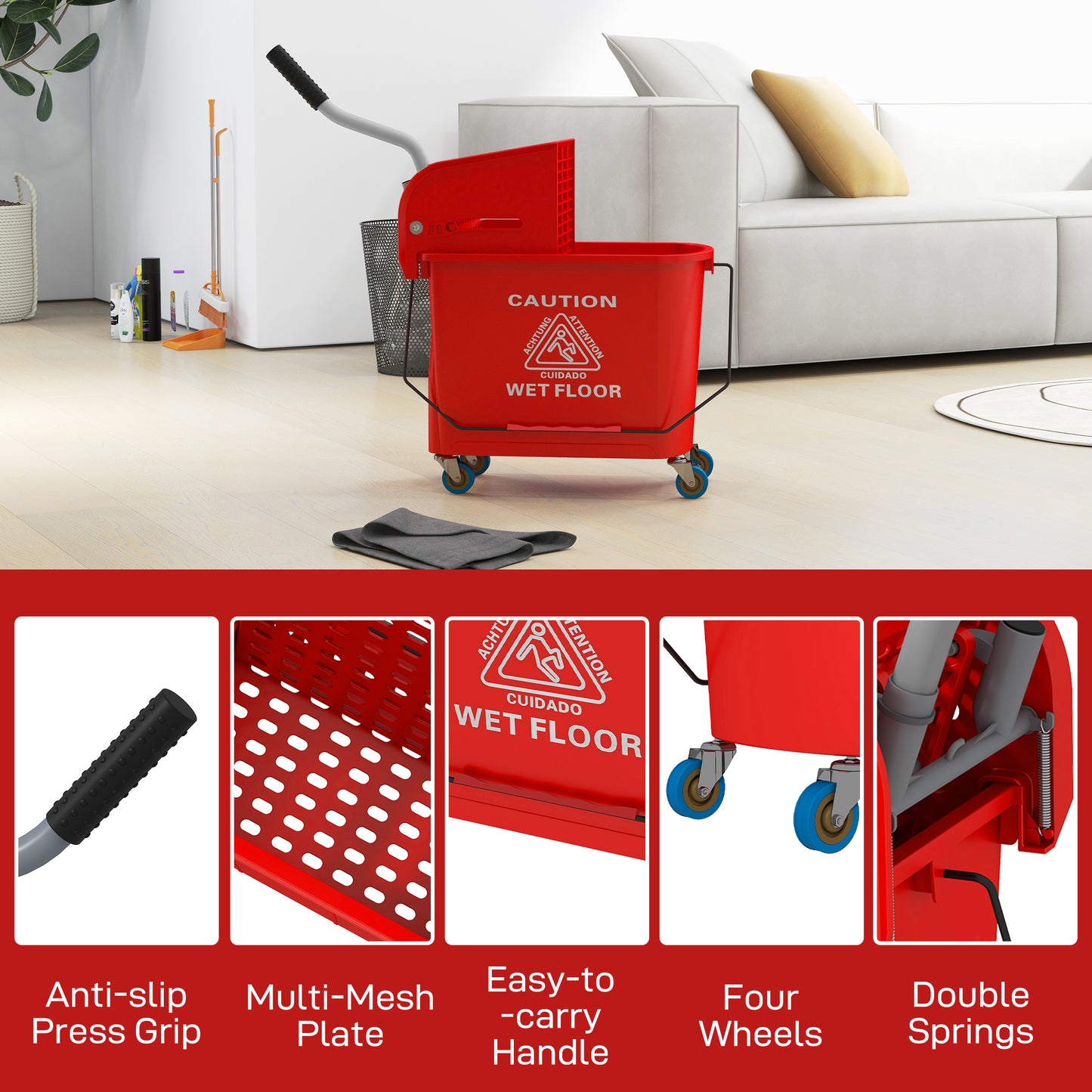 20L Mop Bucket with Wringer Handle on Wheels for Floor Cleaning Red