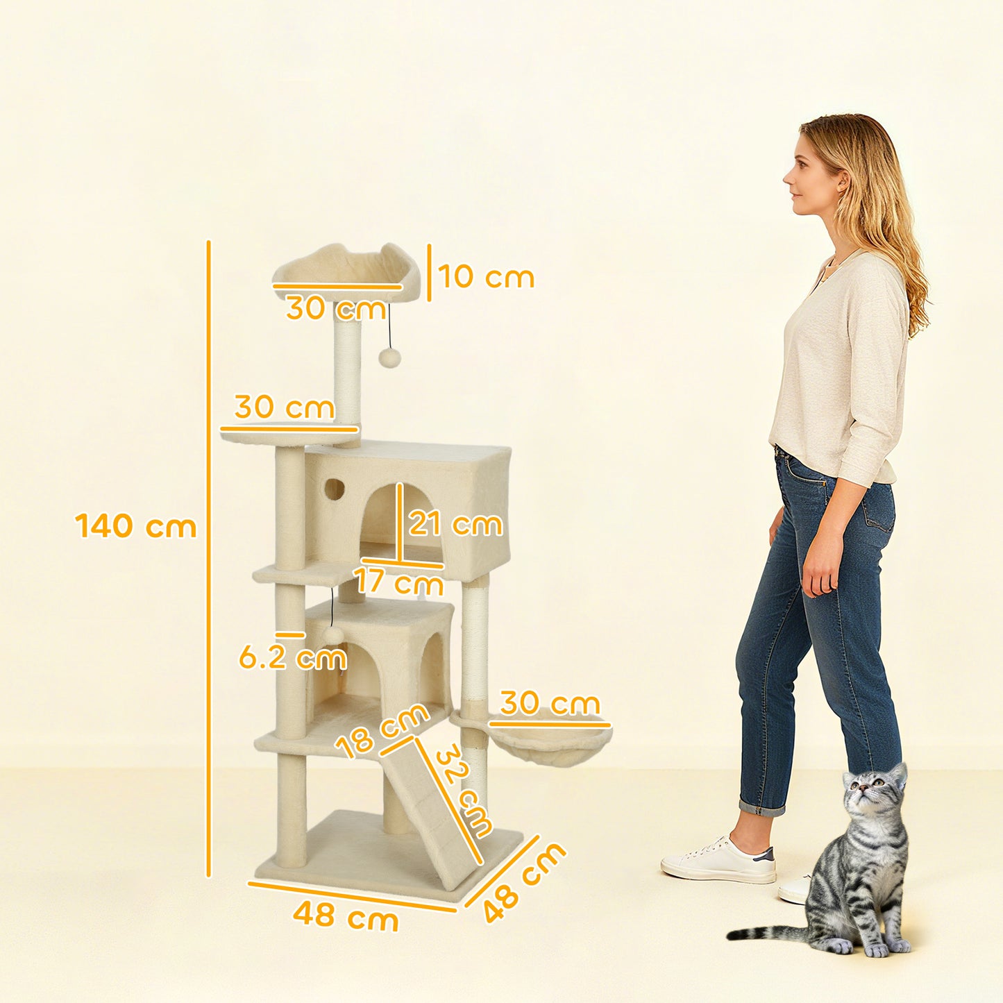 140cm Cat Tree Tower with Sisal Scratching Posts, Condos, Beige