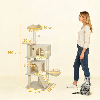 140cm Cat Tree Tower with Sisal Scratching Posts, Condos, Beige