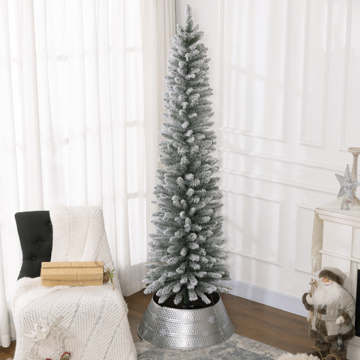 7 Foot Artificial Pencil Christmas Tree with Snow Flocked Tips, White