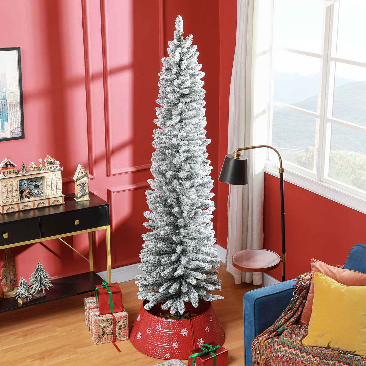 7 Foot Artificial Pencil Christmas Tree with Snow Flocked Tips, White