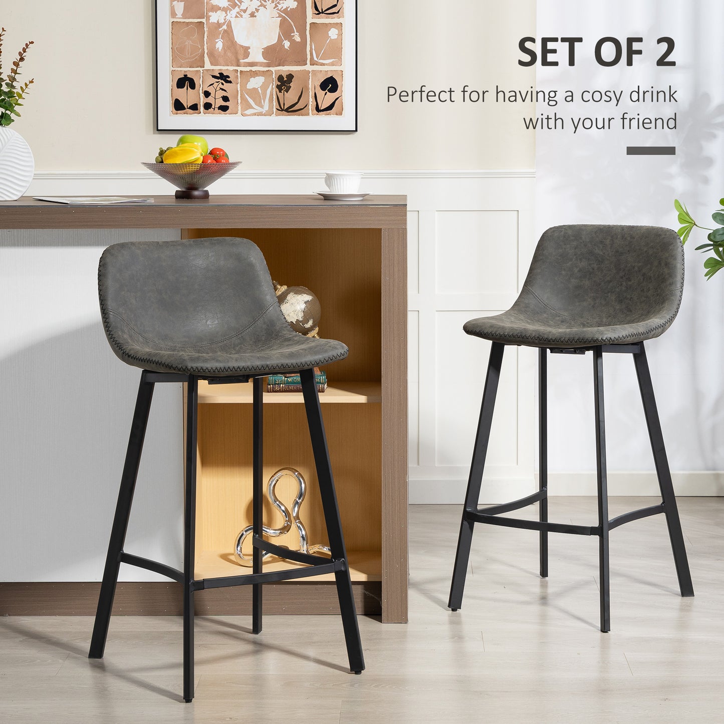 Bar Stools Set of 2, Bar Chairs with Back and Steel Legs, Grey
